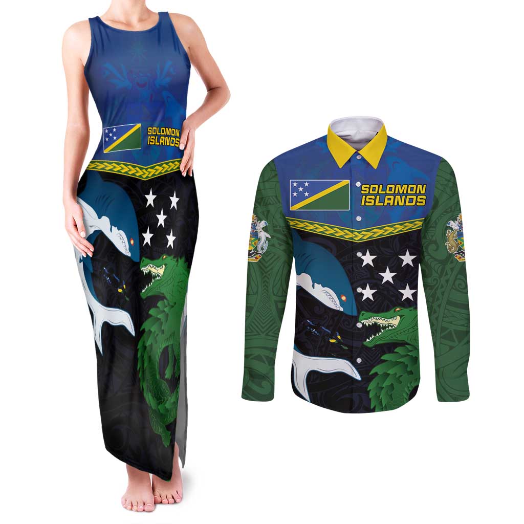 Custom Solomon Islands Rugby Couples Matching Tank Maxi Dress and Long Sleeve Button Shirt Arty Shark and Crocodile Solomon Islands National Emblems