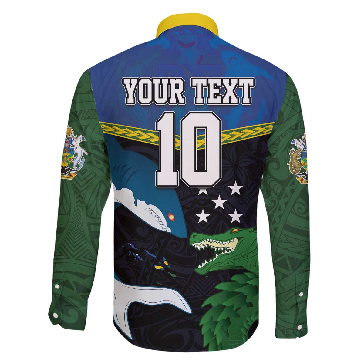 Custom Solomon Islands Rugby Family Matching Off The Shoulder Long Sleeve Dress and Hawaiian Shirt Arty Shark and Crocodile Solomon Islands National Emblems