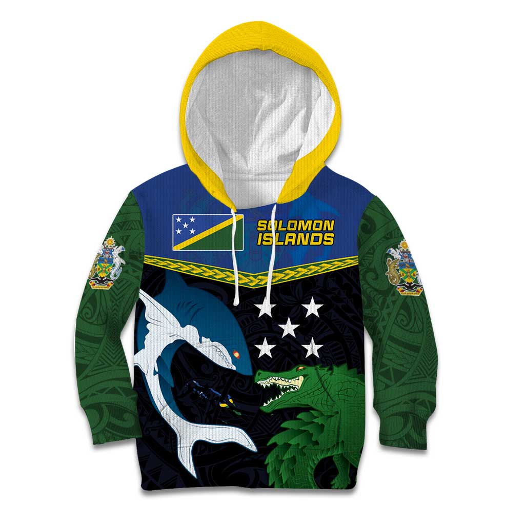 Custom Solomon Islands Rugby Kid Hoodie Arty Shark and Crocodile Solomon Islands National Emblems