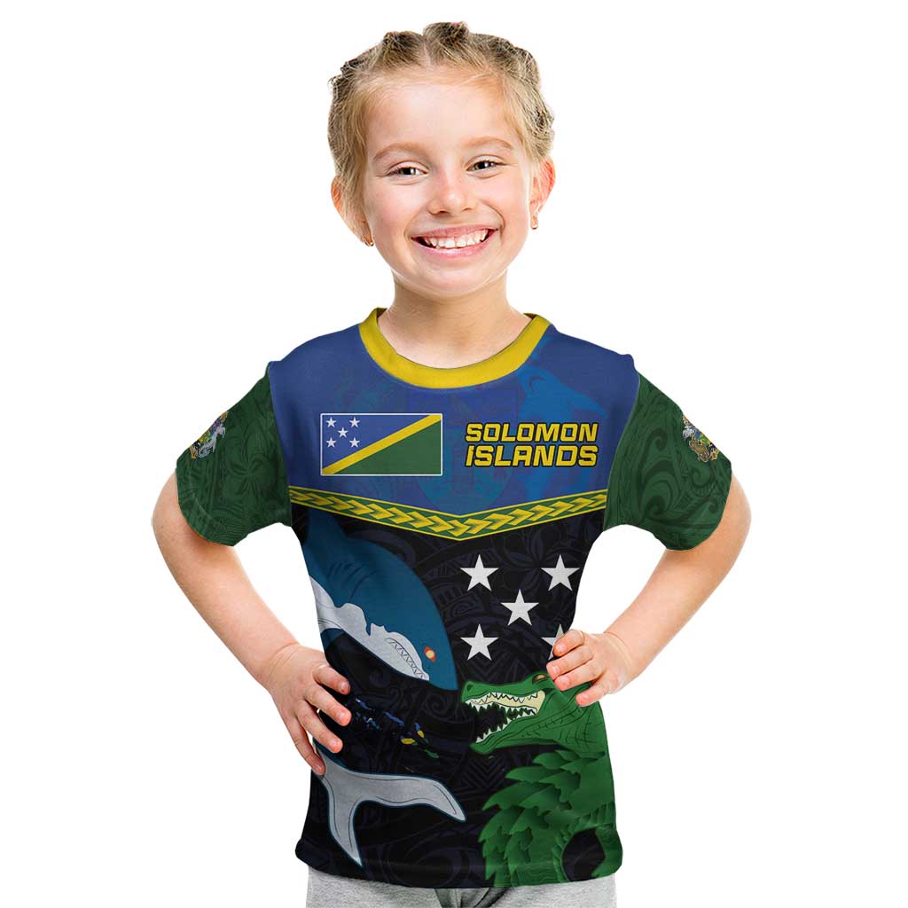 Custom Solomon Islands Rugby Kid T Shirt Arty Shark and Crocodile Solomon Islands National Emblems