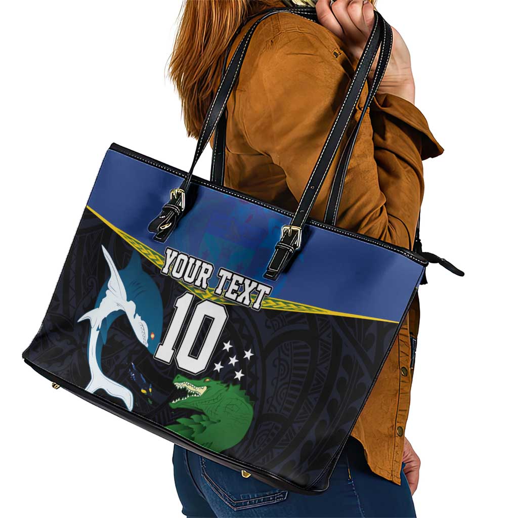 Custom Solomon Islands Rugby Leather Tote Bag Arty Shark and Crocodile Solomon Islands National Emblems