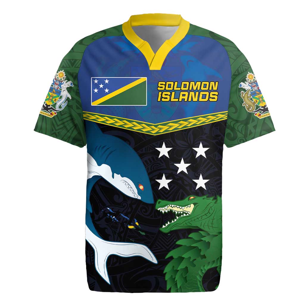 Custom Solomon Islands Rugby Rugby Jersey Arty Shark and Crocodile Solomon Islands National Emblems