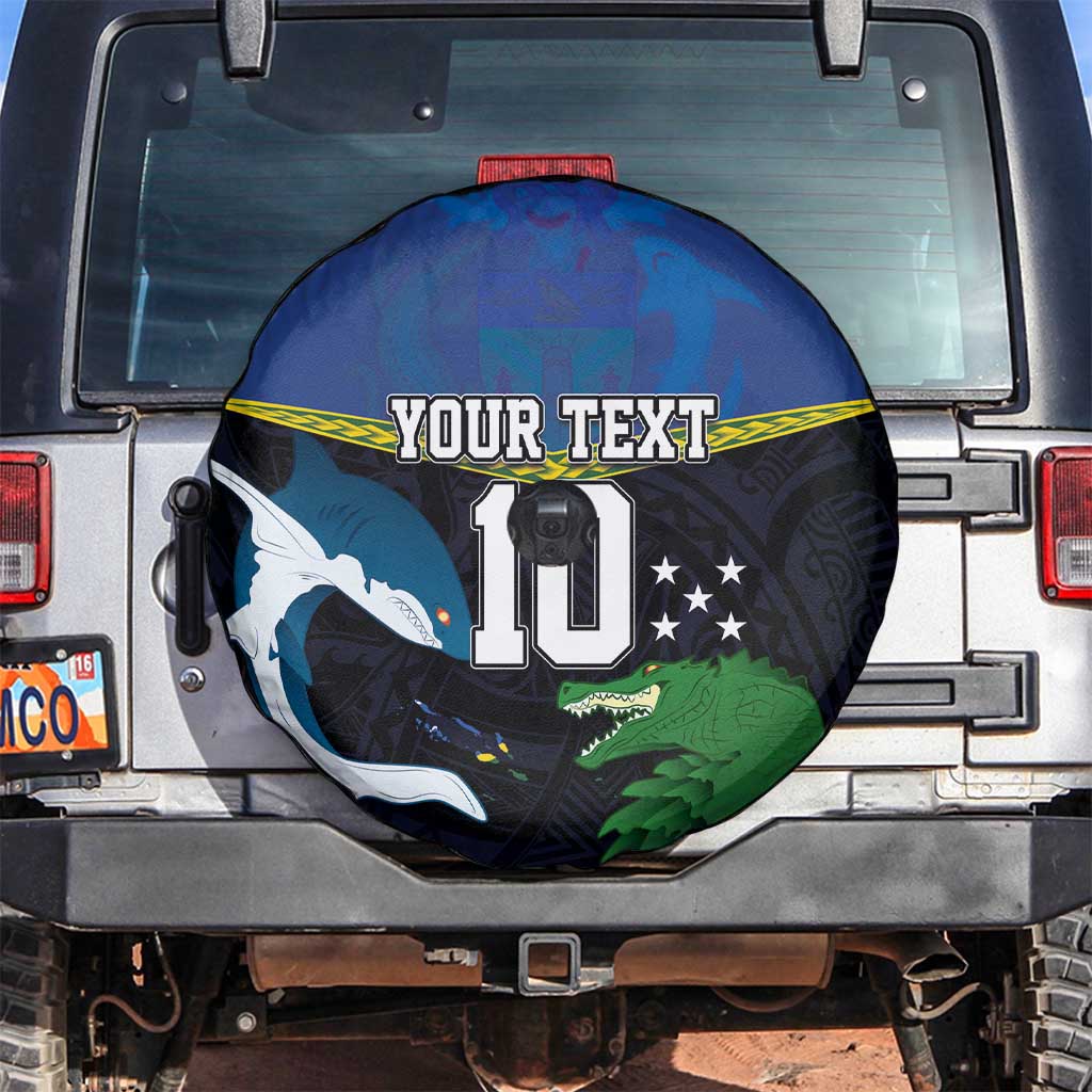 Custom Solomon Islands Rugby Spare Tire Cover Arty Shark and Crocodile Solomon Islands National Emblems