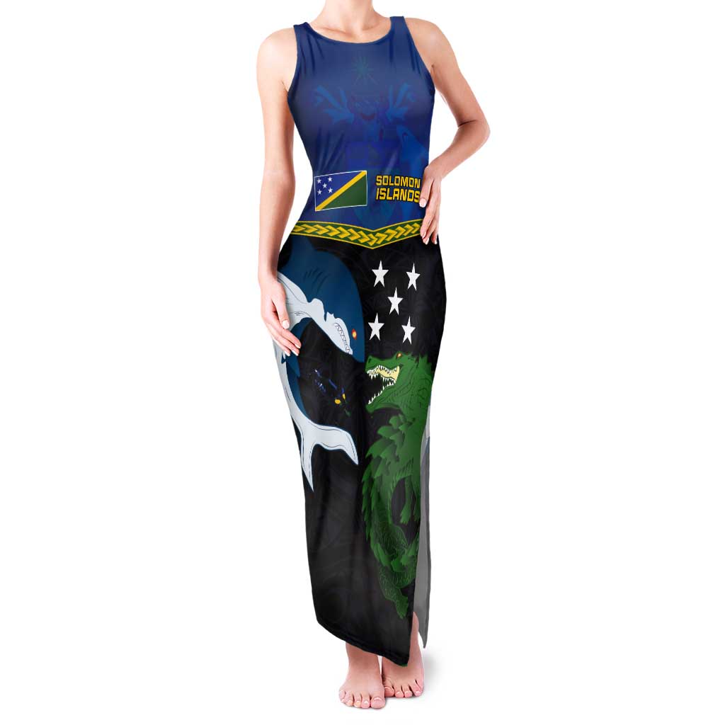 Custom Solomon Islands Rugby Tank Maxi Dress Arty Shark and Crocodile Solomon Islands National Emblems