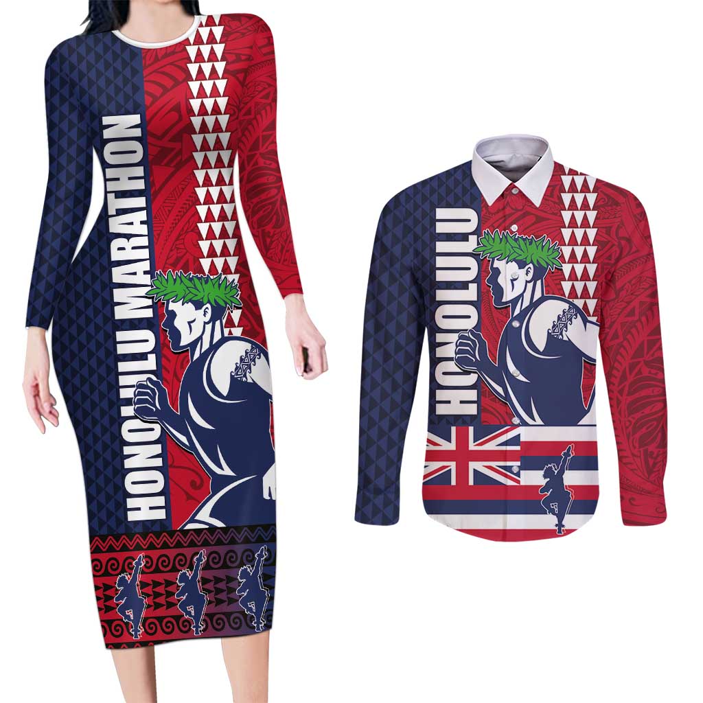 Honolulu Running 2024 Couples Matching Long Sleeve Bodycon Dress and Long Sleeve Button Shirt Marathon Competition Hula Runner and Kakau Art Tattoo LT03 Blue - Polynesian Pride
