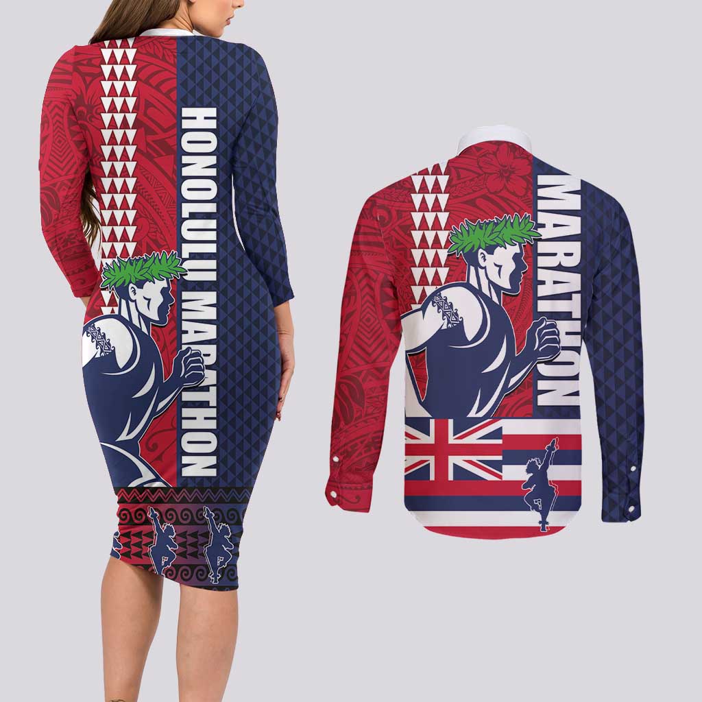 Honolulu Running 2024 Couples Matching Long Sleeve Bodycon Dress and Long Sleeve Button Shirt Marathon Competition Hula Runner and Kakau Art Tattoo LT03 - Polynesian Pride