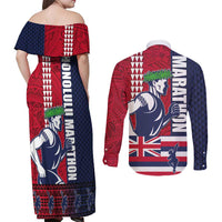 Honolulu Running 2024 Couples Matching Off Shoulder Maxi Dress and Long Sleeve Button Shirt Marathon Competition Hula Runner and Kakau Art Tattoo LT03 - Polynesian Pride