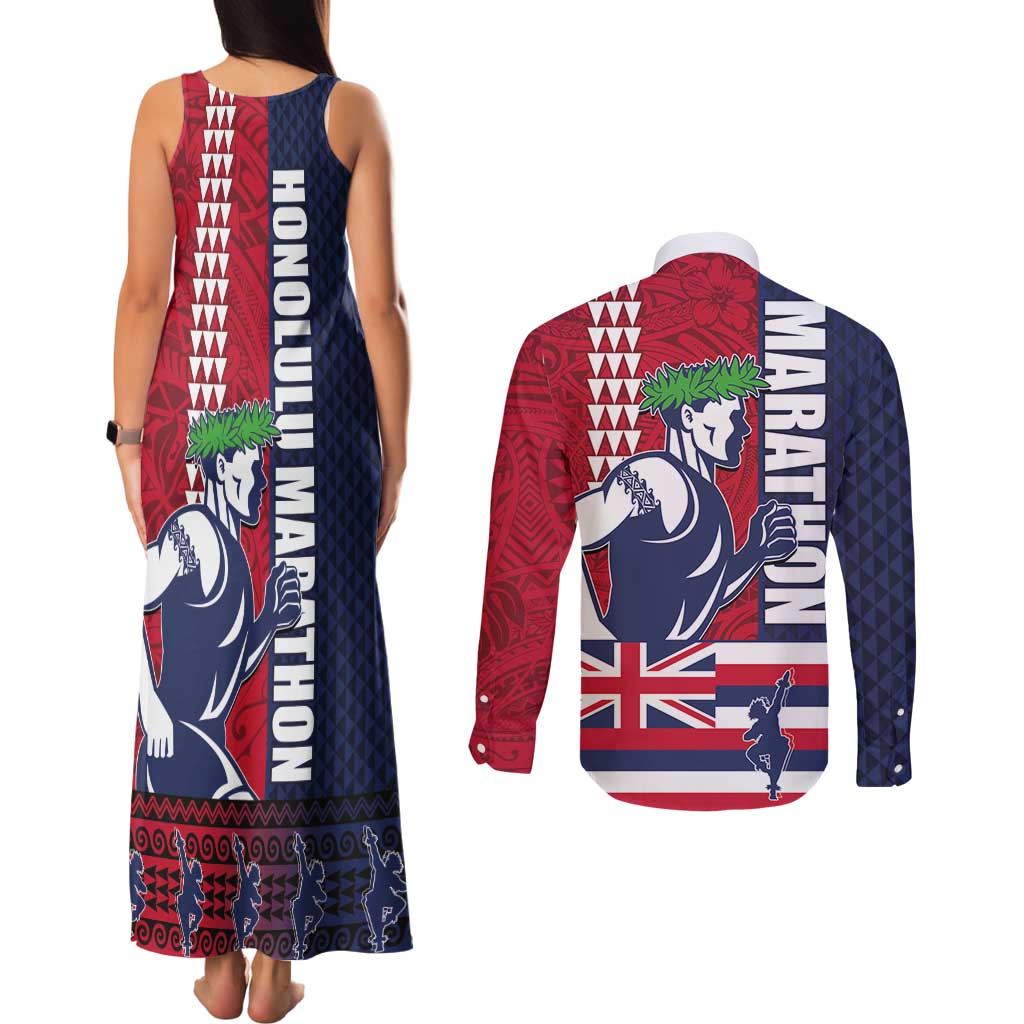 Honolulu Running 2024 Couples Matching Tank Maxi Dress and Long Sleeve Button Shirt Marathon Competition Hula Runner and Kakau Art Tattoo LT03 - Polynesian Pride