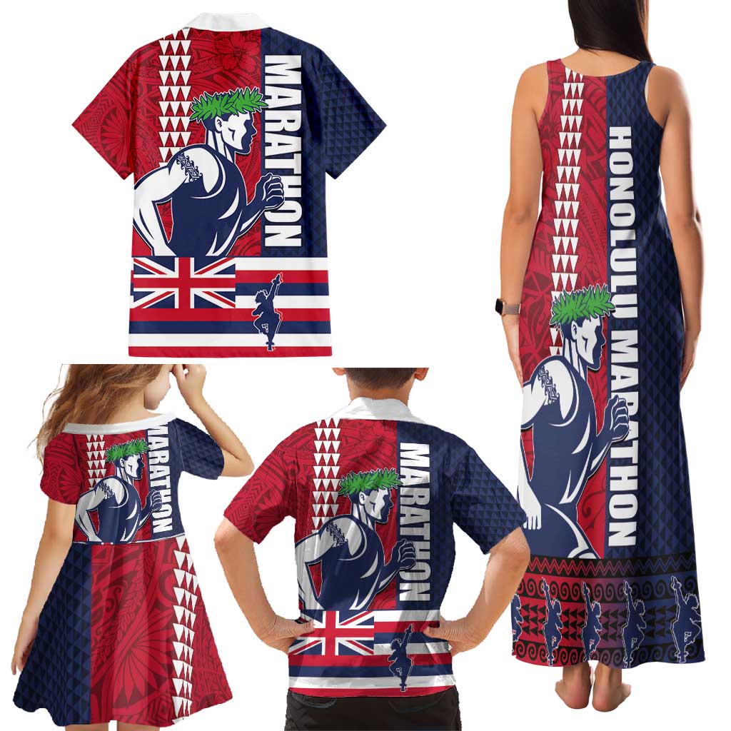 Honolulu Running 2024 Family Matching Tank Maxi Dress and Hawaiian Shirt Marathon Competition Hula Runner and Kakau Art Tattoo