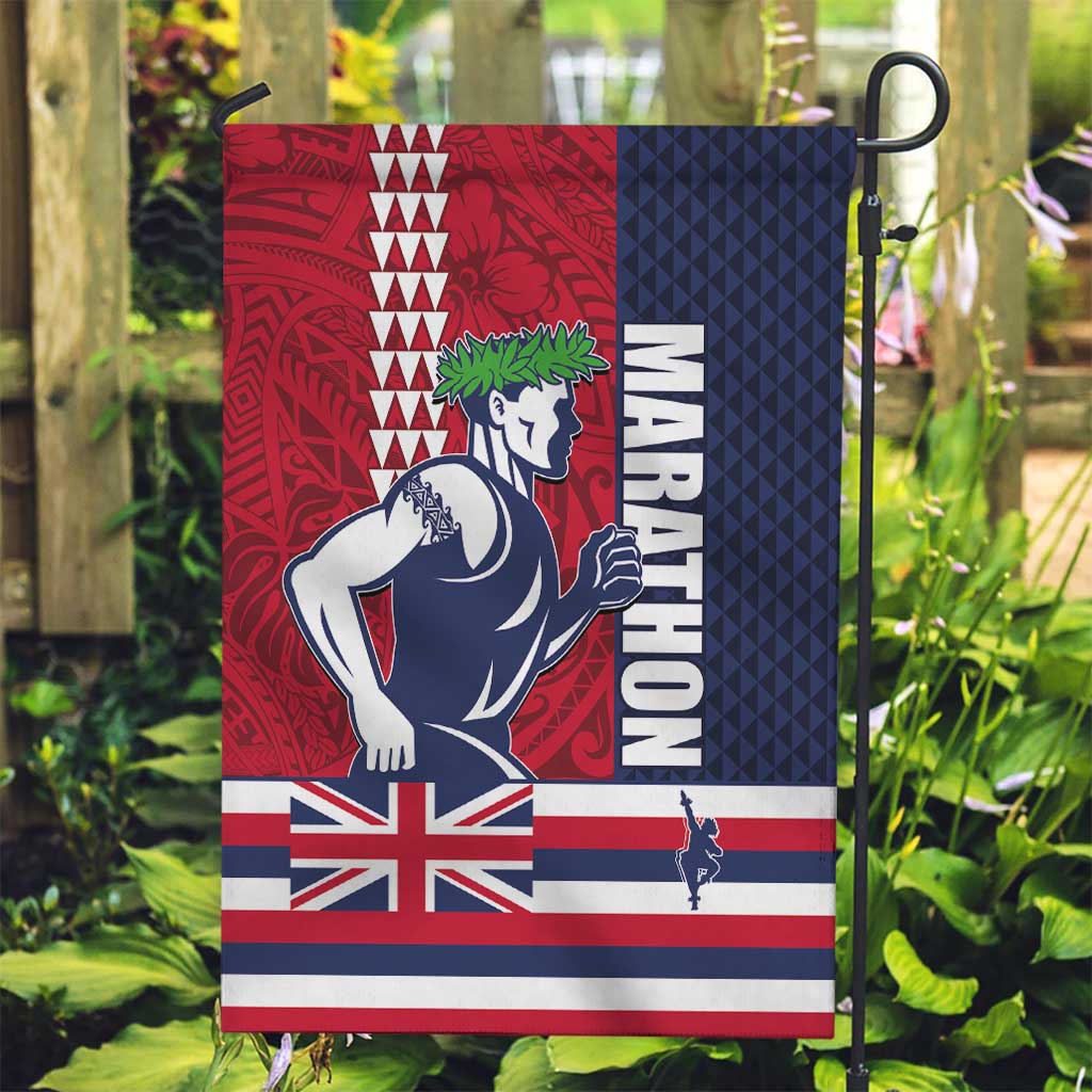 Honolulu Running 2024 Garden Flag Marathon Competition Hula Runner and Kakau Art Tattoo LT03 Garden Flag Blue - Polynesian Pride