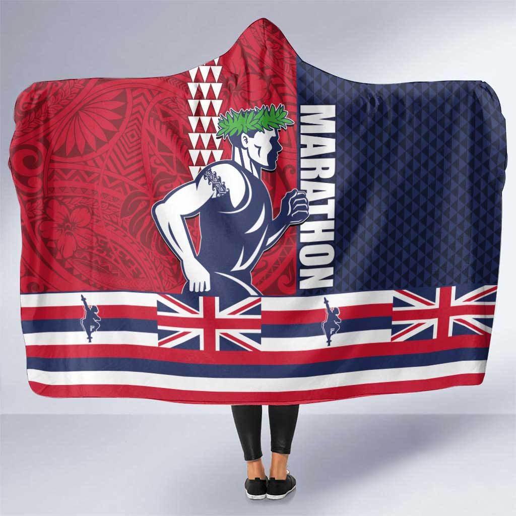 Honolulu Running 2024 Hooded Blanket Marathon Competition Hula Runner and Kakau Art Tattoo LT03 One Size Blue - Polynesian Pride