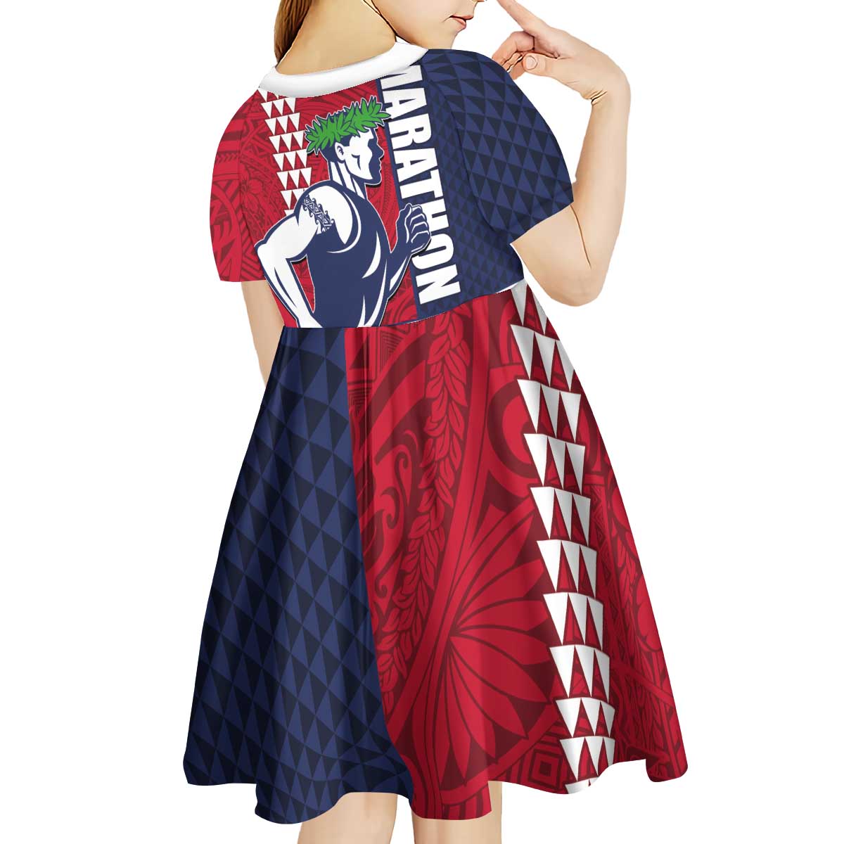 Honolulu Running 2024 Kid Short Sleeve Dress Marathon Competition Hula Runner and Kakau Art Tattoo