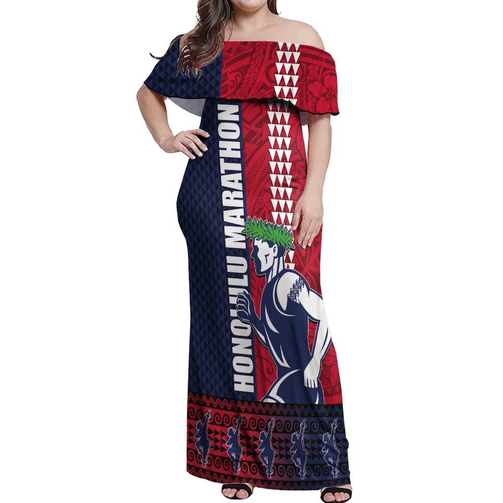 Honolulu Running 2024 Off Shoulder Maxi Dress Marathon Competition Hula Runner and Kakau Art Tattoo LT03 Women Blue - Polynesian Pride