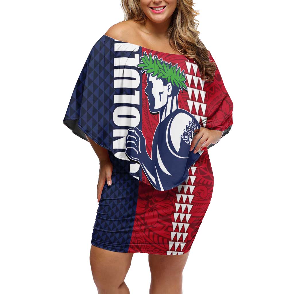 Honolulu Running 2024 Off Shoulder Short Dress Marathon Competition Hula Runner and Kakau Art Tattoo LT03 Women Blue - Polynesian Pride