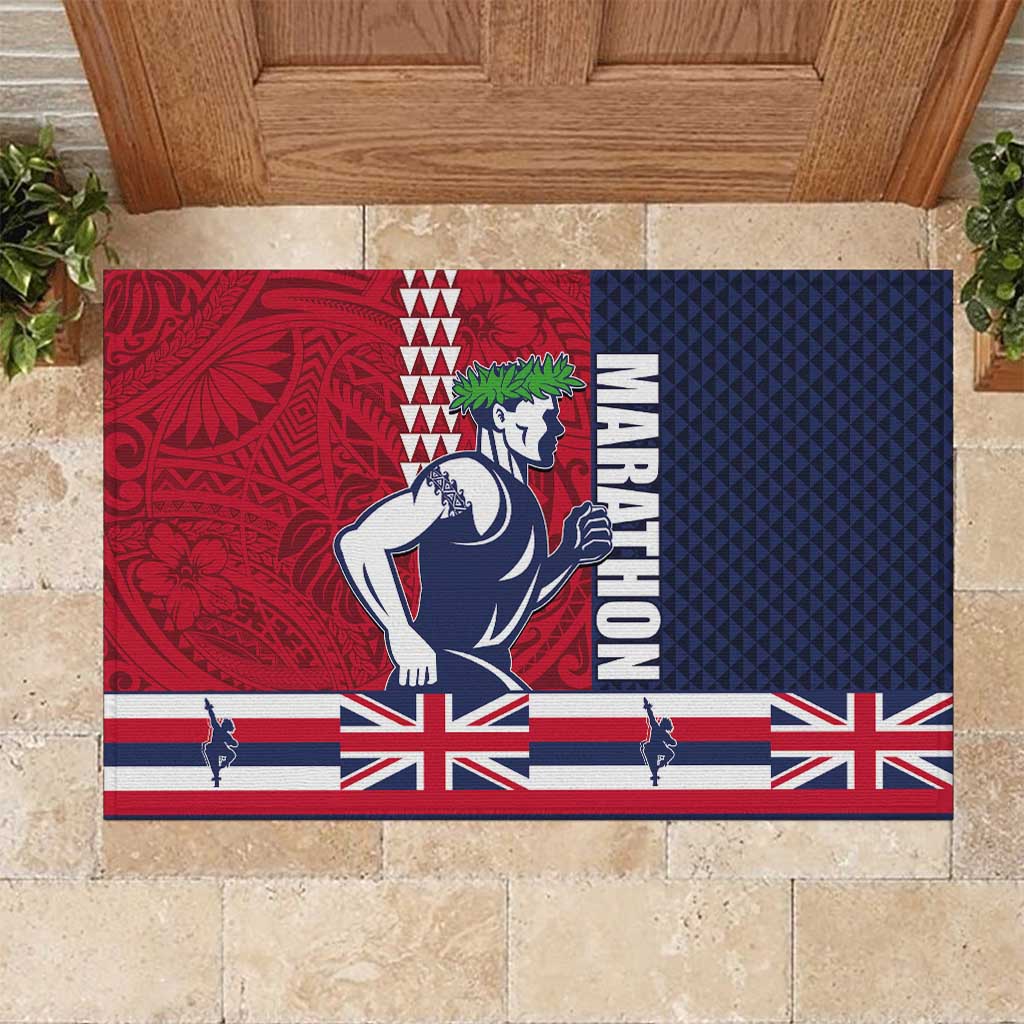 Honolulu Running 2024 Rubber Doormat Marathon Competition Hula Runner and Kakau Art Tattoo LT03 Blue - Polynesian Pride