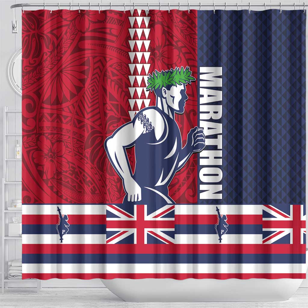 Honolulu Running 2024 Shower Curtain Marathon Competition Hula Runner and Kakau Art Tattoo