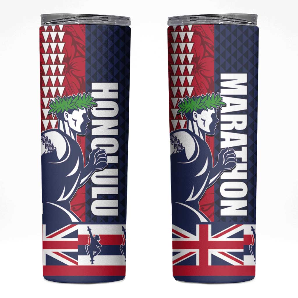 Honolulu Running 2024 Skinny Tumbler Marathon Competition Hula Runner and Kakau Art Tattoo