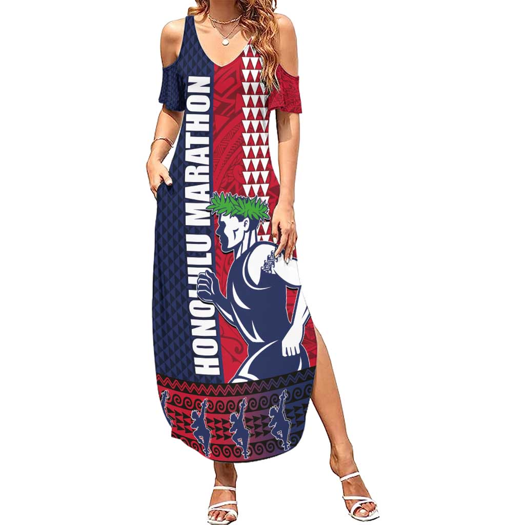 Honolulu Running 2024 Summer Maxi Dress Marathon Competition Hula Runner and Kakau Art Tattoo LT03 Women Blue - Polynesian Pride