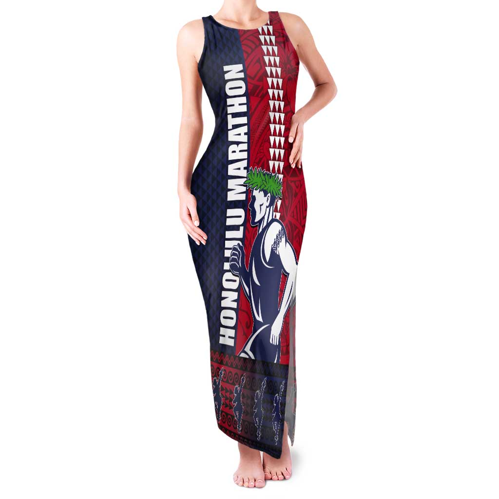 Honolulu Running 2024 Tank Maxi Dress Marathon Competition Hula Runner and Kakau Art Tattoo LT03 Women Blue - Polynesian Pride