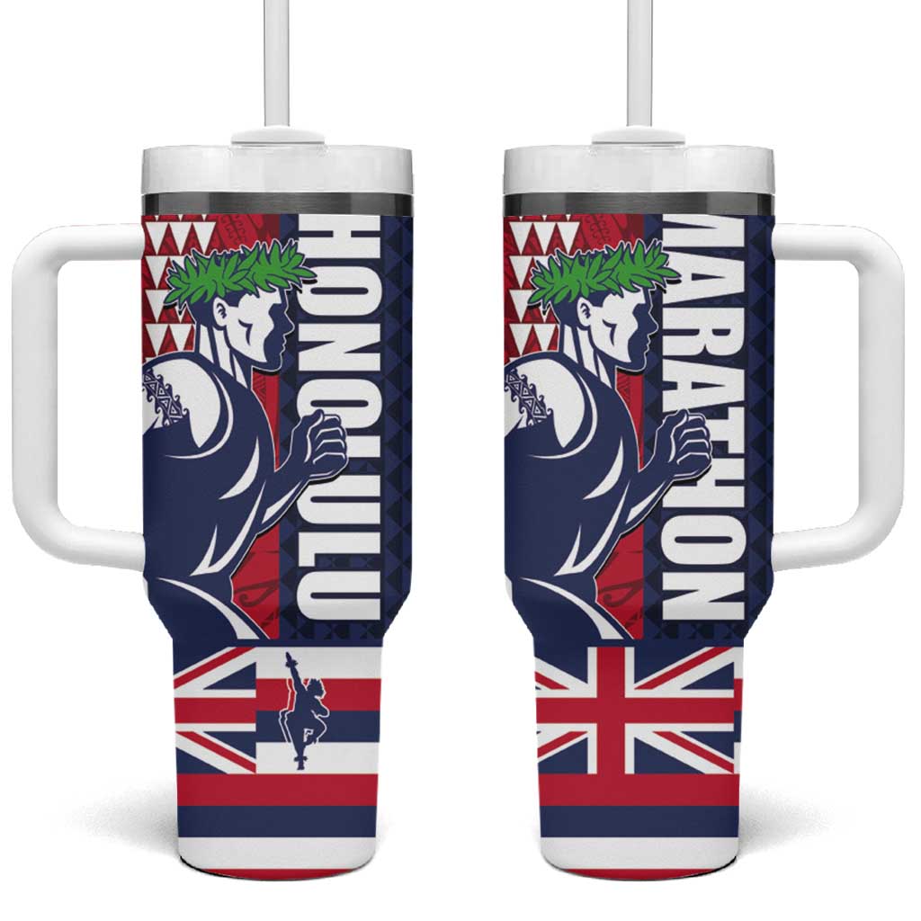 Honolulu Running 2024 Tumbler With Handle Marathon Competition Hula Runner and Kakau Art Tattoo LT03 One Size: 40 oz Blue - Polynesian Pride