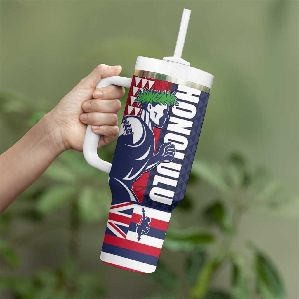 Honolulu Running 2024 Tumbler With Handle Marathon Competition Hula Runner and Kakau Art Tattoo LT03 - Polynesian Pride