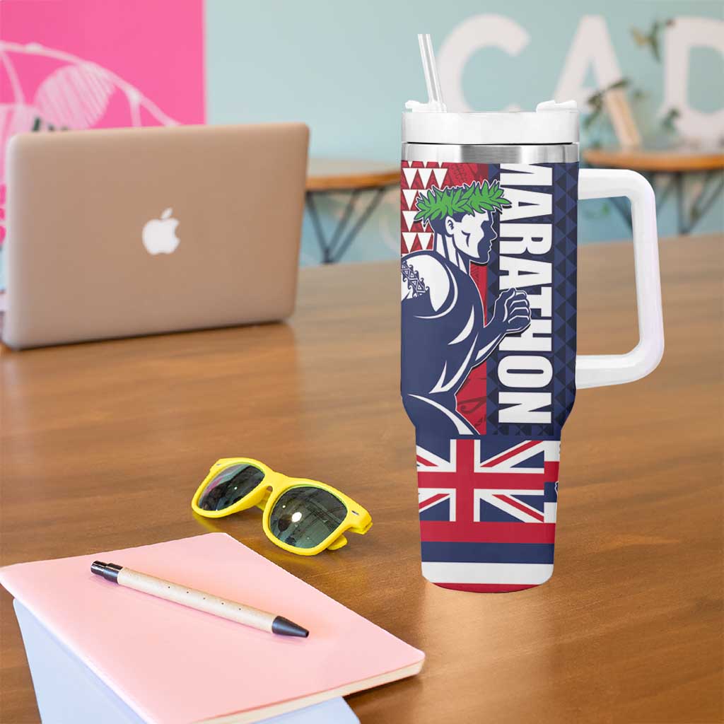 Honolulu Running 2024 Tumbler With Handle Marathon Competition Hula Runner and Kakau Art Tattoo LT03 - Polynesian Pride