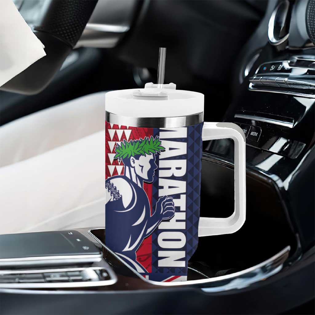 Honolulu Running 2024 Tumbler With Handle Marathon Competition Hula Runner and Kakau Art Tattoo LT03 - Polynesian Pride