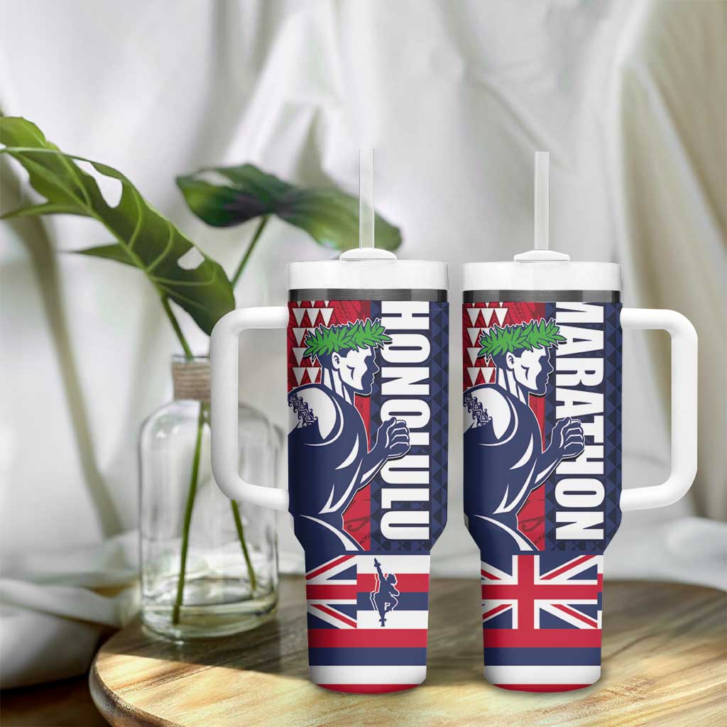 Honolulu Running 2024 Tumbler With Handle Marathon Competition Hula Runner and Kakau Art Tattoo LT03 - Polynesian Pride