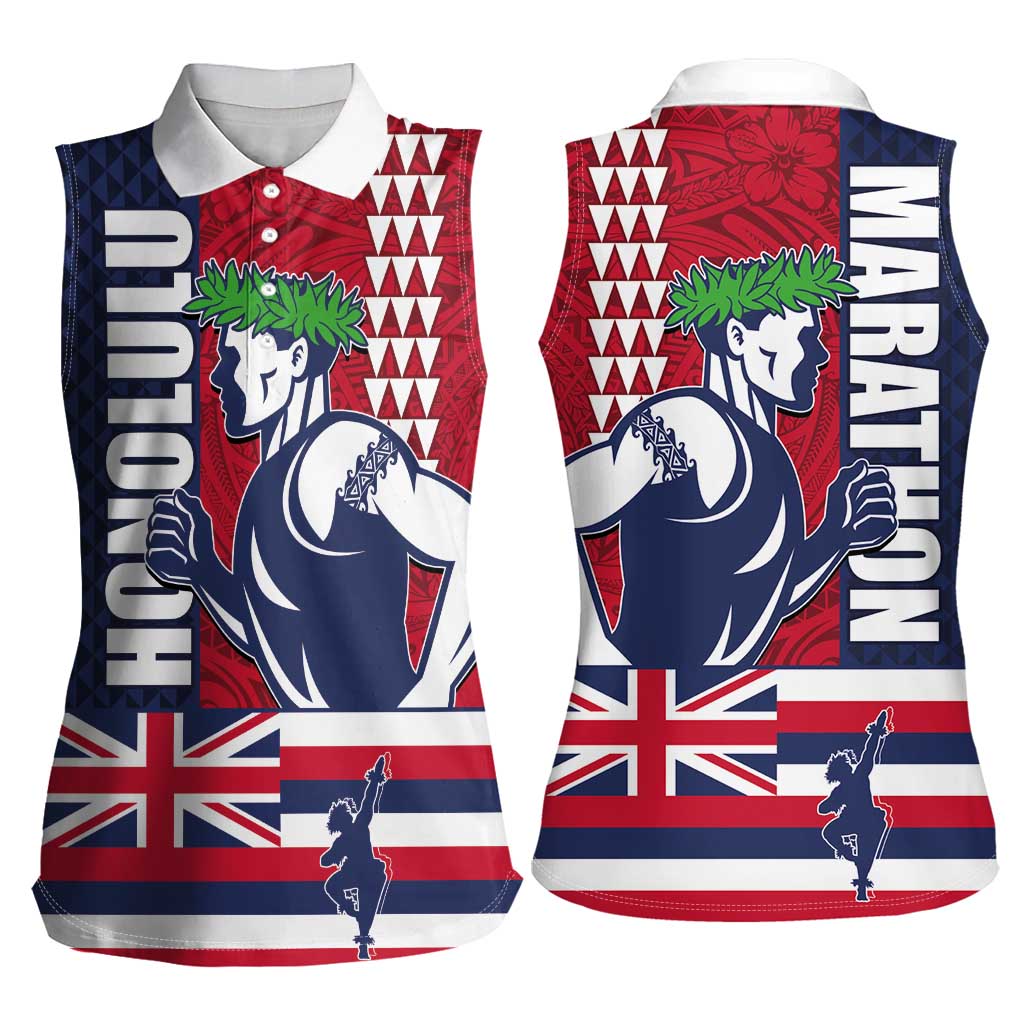 Honolulu Running 2024 Women Sleeveless Polo Shirt Marathon Competition Hula Runner and Kakau Art Tattoo