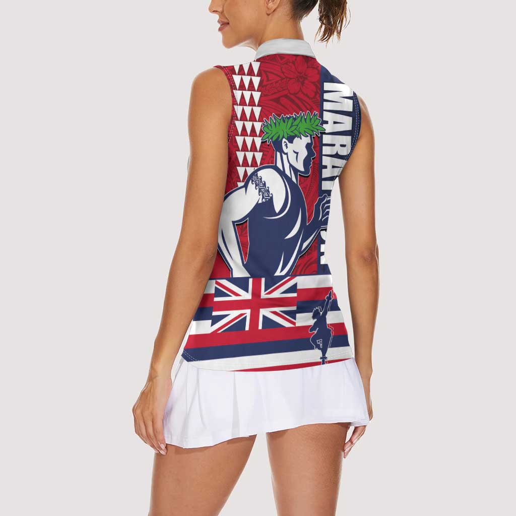 Honolulu Running 2024 Women Sleeveless Polo Shirt Marathon Competition Hula Runner and Kakau Art Tattoo