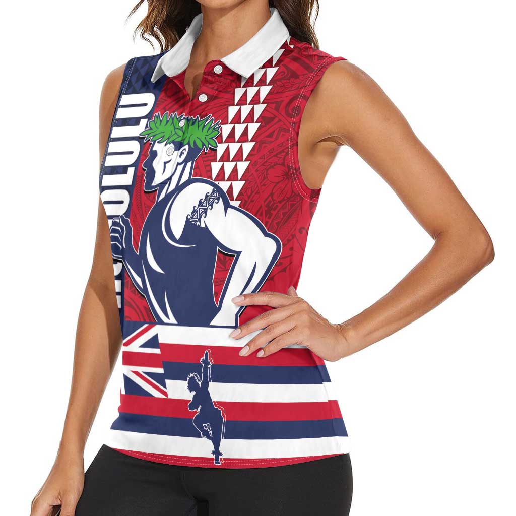 Honolulu Running 2024 Women Sleeveless Polo Shirt Marathon Competition Hula Runner and Kakau Art Tattoo