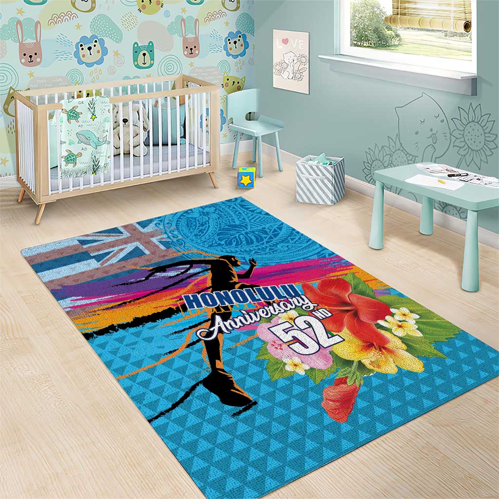 Honolulu Anniversary 52nd Running Area Rug Marathon Competition Kakau Pattern Blue Color