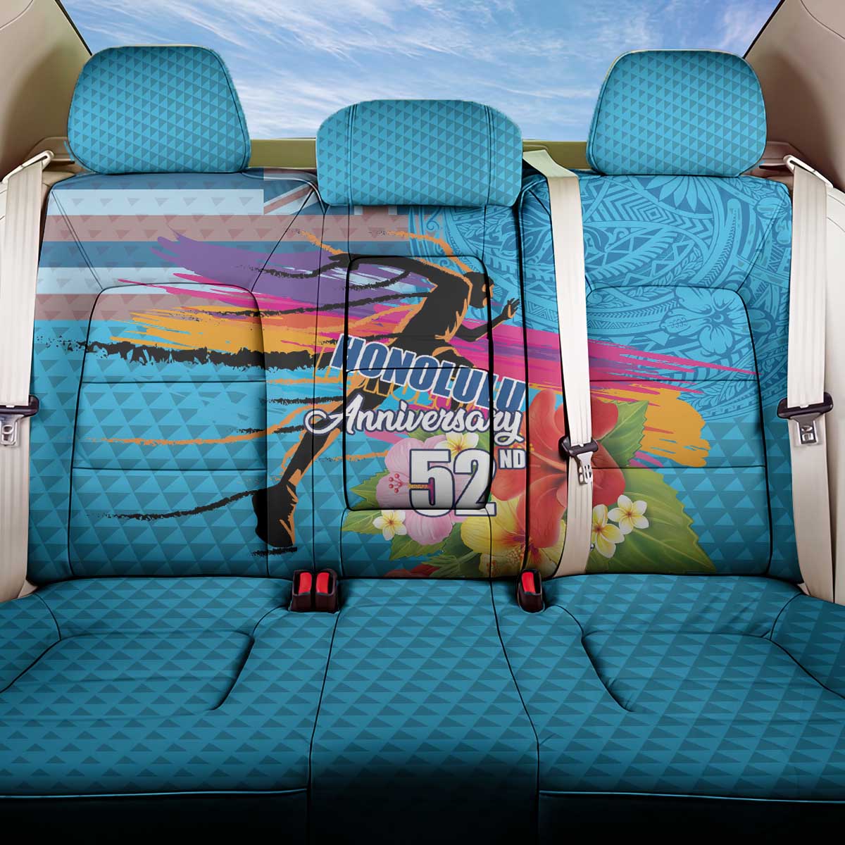 Honolulu Anniversary 52nd Running Back Car Seat Cover Marathon Competition Kakau Pattern Blue Color