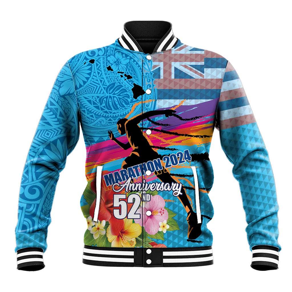 Honolulu Anniversary 52nd Running Baseball Jacket Marathon Competition Kakau Pattern Blue Color LT03 Unisex Blue - Polynesian Pride