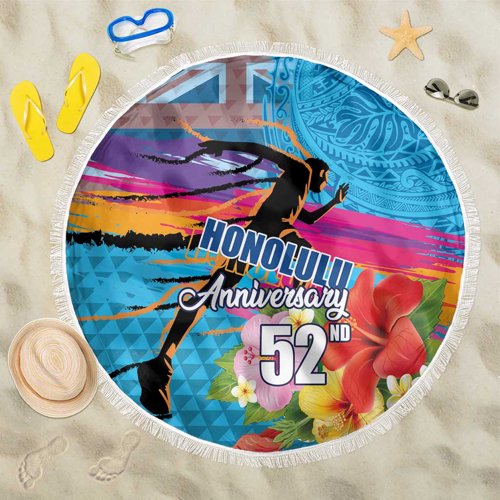 Honolulu Anniversary 52nd Running Beach Blanket Marathon Competition Kakau Pattern Blue Color LT03 One Size 150cm Blue - Polynesian Pride