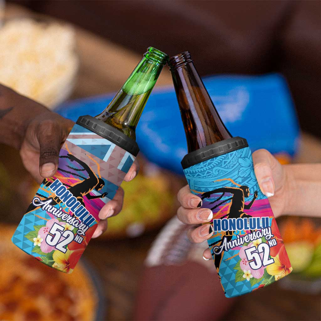 Honolulu Anniversary 52nd Running 4 in 1 Can Cooler Tumbler Marathon Competition Kakau Pattern Blue Color