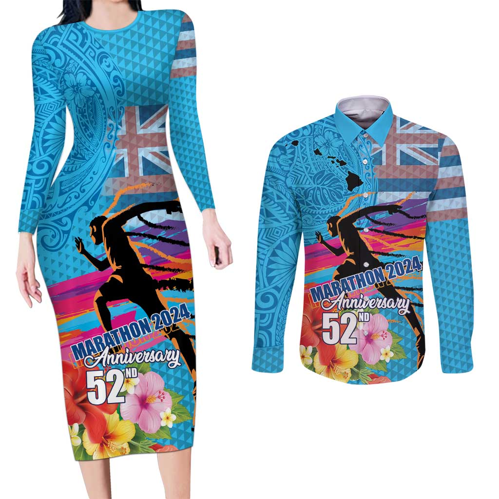 Honolulu Anniversary 52nd Running Couples Matching Long Sleeve Bodycon Dress and Long Sleeve Button Shirt Marathon Competition Kakau Pattern Blue Color LT03 Blue - Polynesian Pride