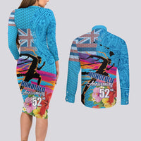 Honolulu Anniversary 52nd Running Couples Matching Long Sleeve Bodycon Dress and Long Sleeve Button Shirt Marathon Competition Kakau Pattern Blue Color LT03 - Polynesian Pride