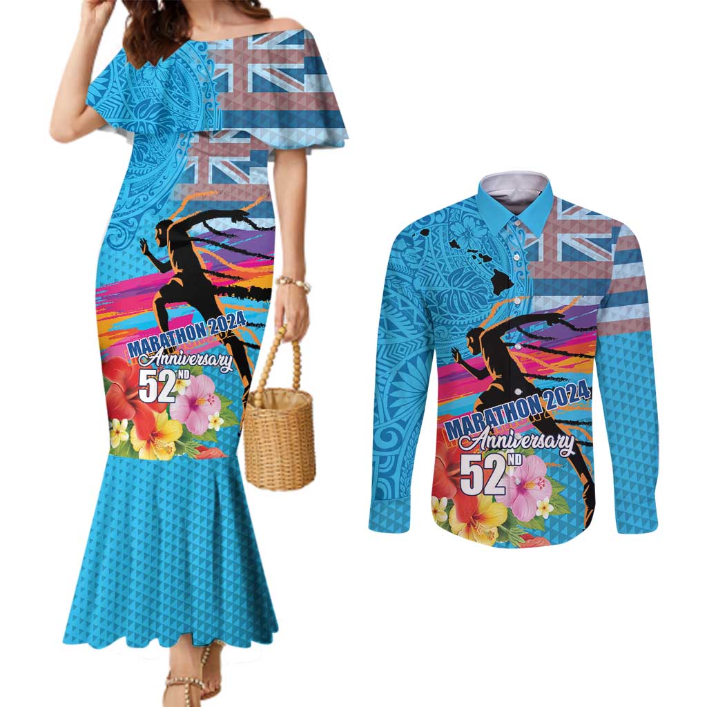 Honolulu Anniversary 52nd Running Couples Matching Mermaid Dress and Long Sleeve Button Shirt Marathon Competition Kakau Pattern Blue Color LT03 Blue - Polynesian Pride