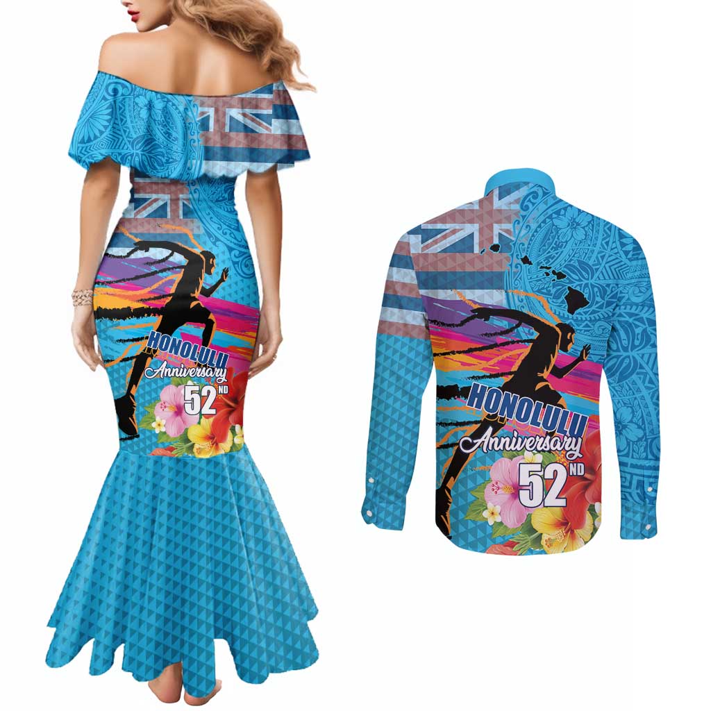 Honolulu Anniversary 52nd Running Couples Matching Mermaid Dress and Long Sleeve Button Shirt Marathon Competition Kakau Pattern Blue Color LT03 - Polynesian Pride