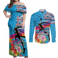 Honolulu Anniversary 52nd Running Couples Matching Off Shoulder Maxi Dress and Long Sleeve Button Shirt Marathon Competition Kakau Pattern Blue Color LT03 Blue - Polynesian Pride