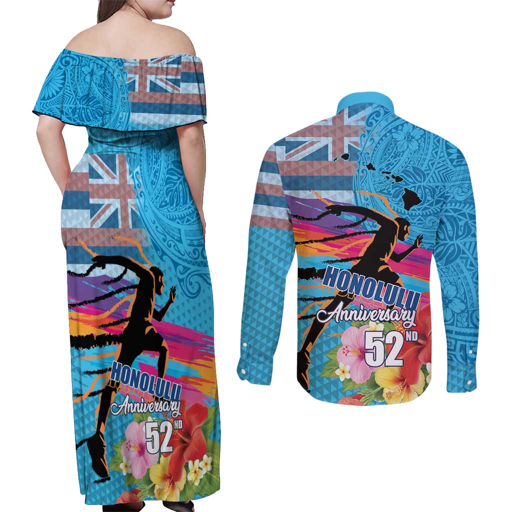 Honolulu Anniversary 52nd Running Couples Matching Off Shoulder Maxi Dress and Long Sleeve Button Shirt Marathon Competition Kakau Pattern Blue Color LT03 - Polynesian Pride