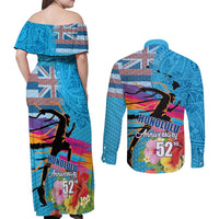 Honolulu Anniversary 52nd Running Couples Matching Off Shoulder Maxi Dress and Long Sleeve Button Shirt Marathon Competition Kakau Pattern Blue Color LT03 - Polynesian Pride