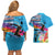 Honolulu Anniversary 52nd Running Couples Matching Off Shoulder Short Dress and Hawaiian Shirt Marathon Competition Kakau Pattern Blue Color