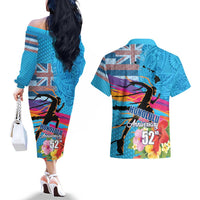 Honolulu Anniversary 52nd Running Couples Matching Off The Shoulder Long Sleeve Dress and Hawaiian Shirt Marathon Competition Kakau Pattern Blue Color LT03 - Polynesian Pride