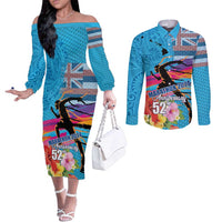 Honolulu Anniversary 52nd Running Couples Matching Off The Shoulder Long Sleeve Dress and Long Sleeve Button Shirt Marathon Competition Kakau Pattern Blue Color LT03 Blue - Polynesian Pride