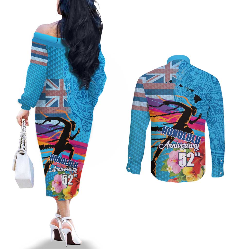 Honolulu Anniversary 52nd Running Couples Matching Off The Shoulder Long Sleeve Dress and Long Sleeve Button Shirt Marathon Competition Kakau Pattern Blue Color LT03 - Polynesian Pride