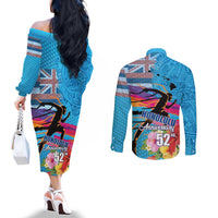 Honolulu Anniversary 52nd Running Couples Matching Off The Shoulder Long Sleeve Dress and Long Sleeve Button Shirt Marathon Competition Kakau Pattern Blue Color LT03 - Polynesian Pride