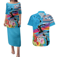Honolulu Anniversary 52nd Running Couples Matching Puletasi and Hawaiian Shirt Marathon Competition Kakau Pattern Blue Color LT03 Blue - Polynesian Pride