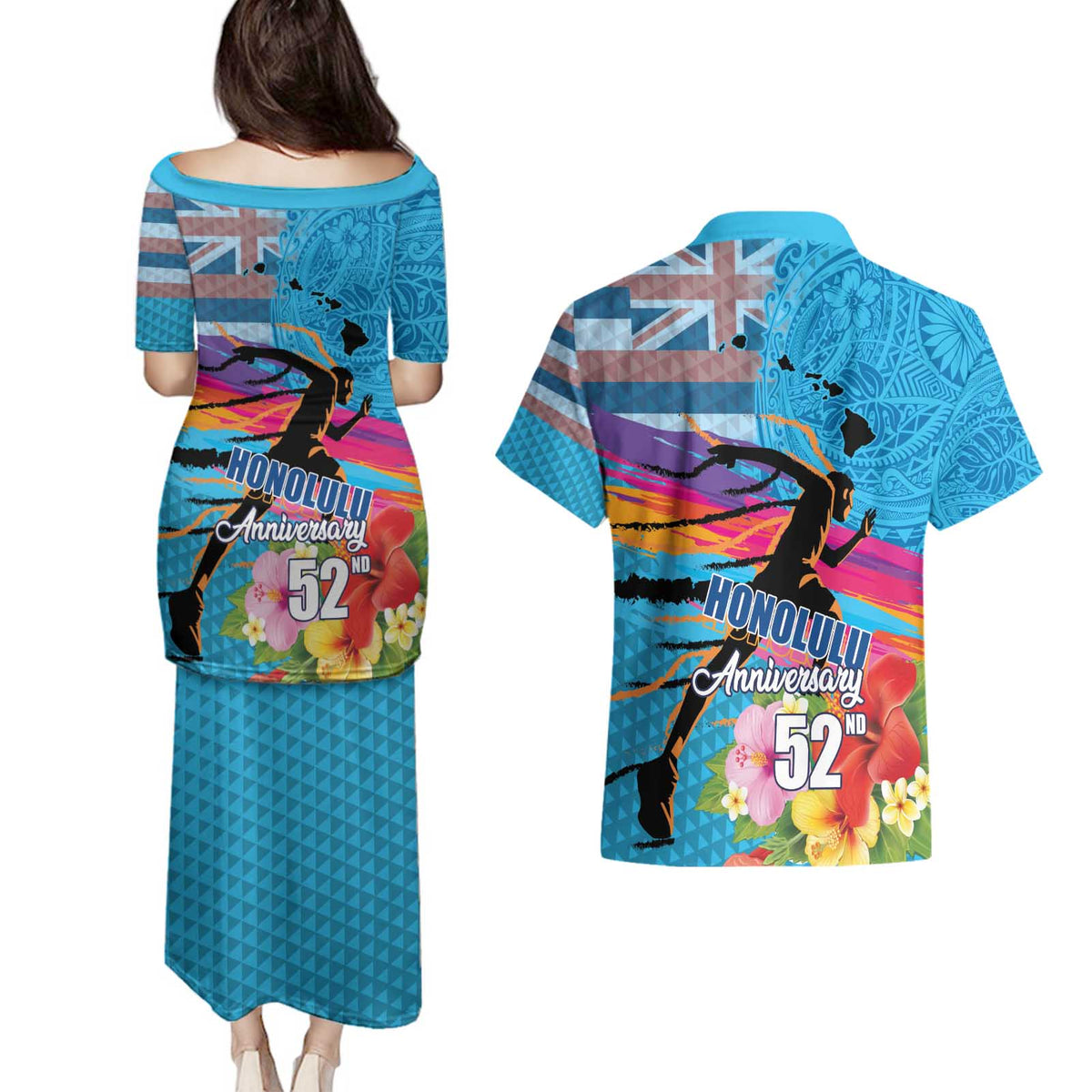 Honolulu Anniversary 52nd Running Couples Matching Puletasi and Hawaiian Shirt Marathon Competition Kakau Pattern Blue Color LT03 - Polynesian Pride